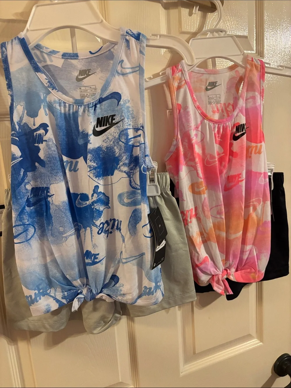 Two sets Nike Kids Tie-Knot Tank & Shorts  - Blue Splash & Pink Orange Ombre